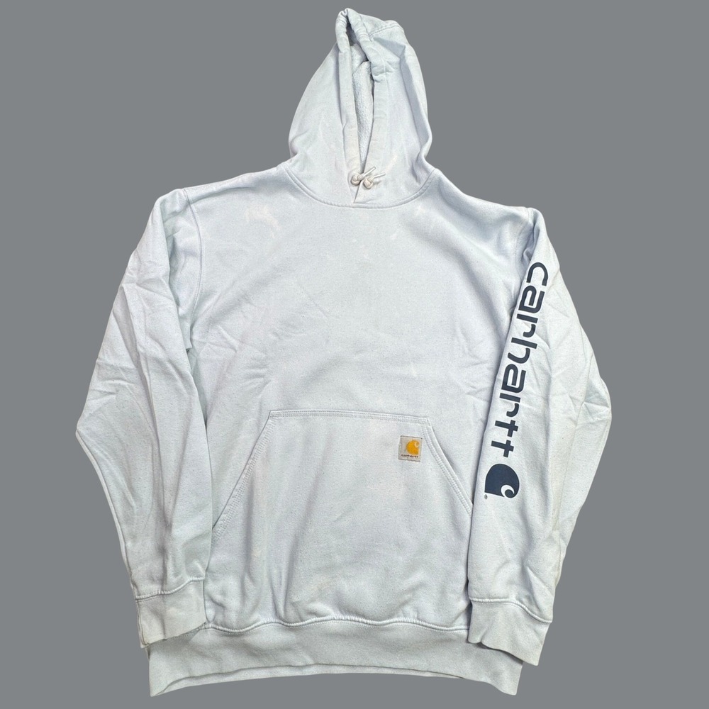 Carhartt Hoodie Mens M Blue Pullover Cotton Logo Pockets Workwear Fleece